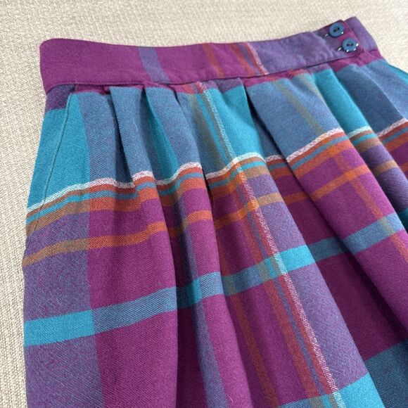 Vintage Pleated Plaid Wool Midi Skirt Purple Teal Pink Lined Fall Winter Skirt - Picture 2 of 7